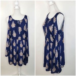 *3/$25 Xhilaration Boho Paisley Navy Cold Shoulder Dress Bell Sleeves Tassel